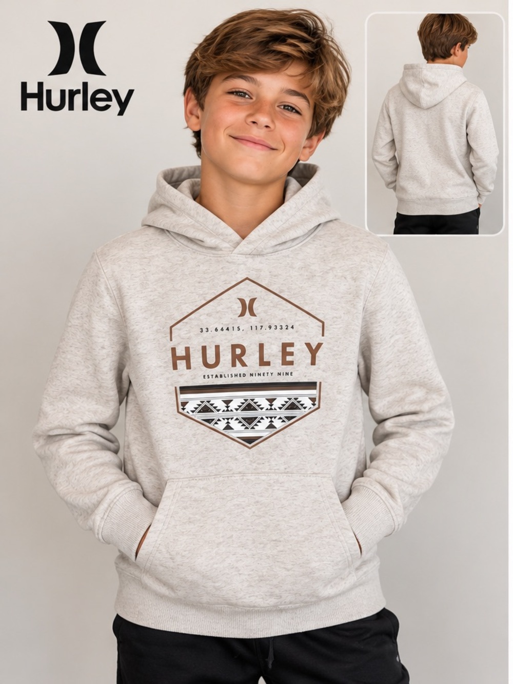 Hurley Boys Oatmeal Graphic Pullover Hoodie